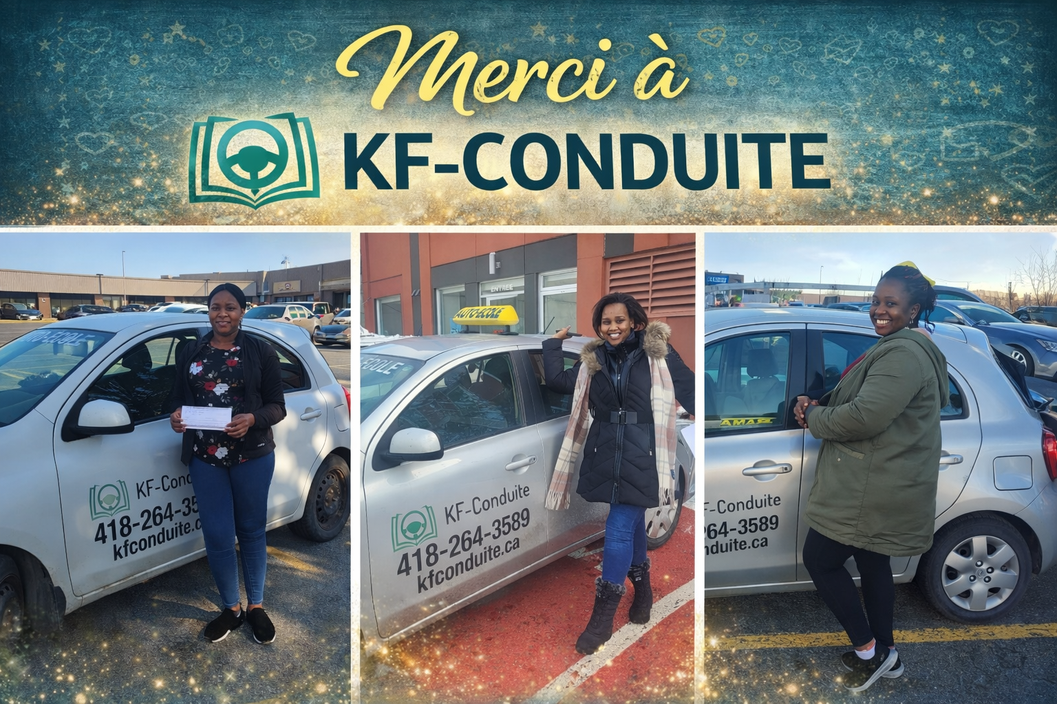 Élèves de KF-Conduite célébrant leur réussite devant les véhicules auto-école