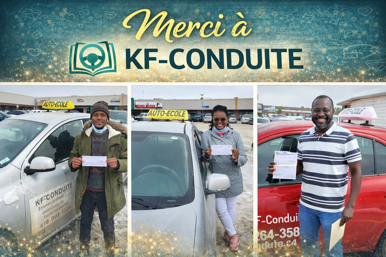 Élèves de KF-Conduite affichant fièrement leur résultat d'examen réussi