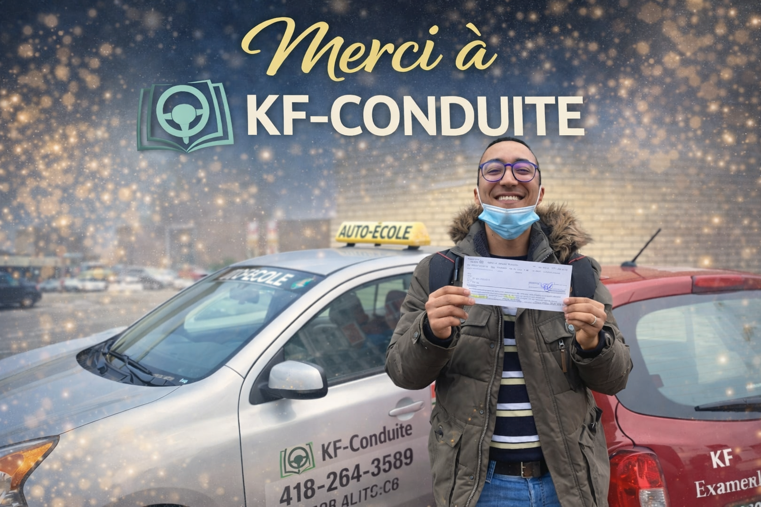 Élève de KF-Conduite célébrant sa réussite avec son résultat d'examen en main