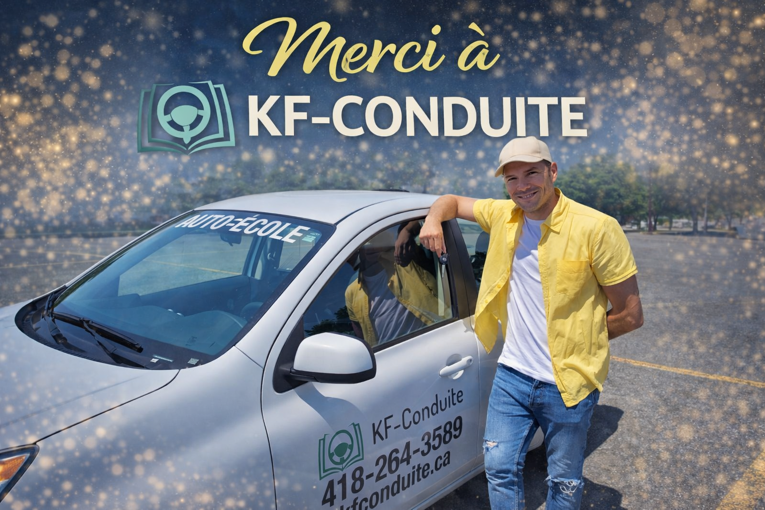 Élève de KF-Conduite posant fièrement avec les clés devant le véhicule auto-école