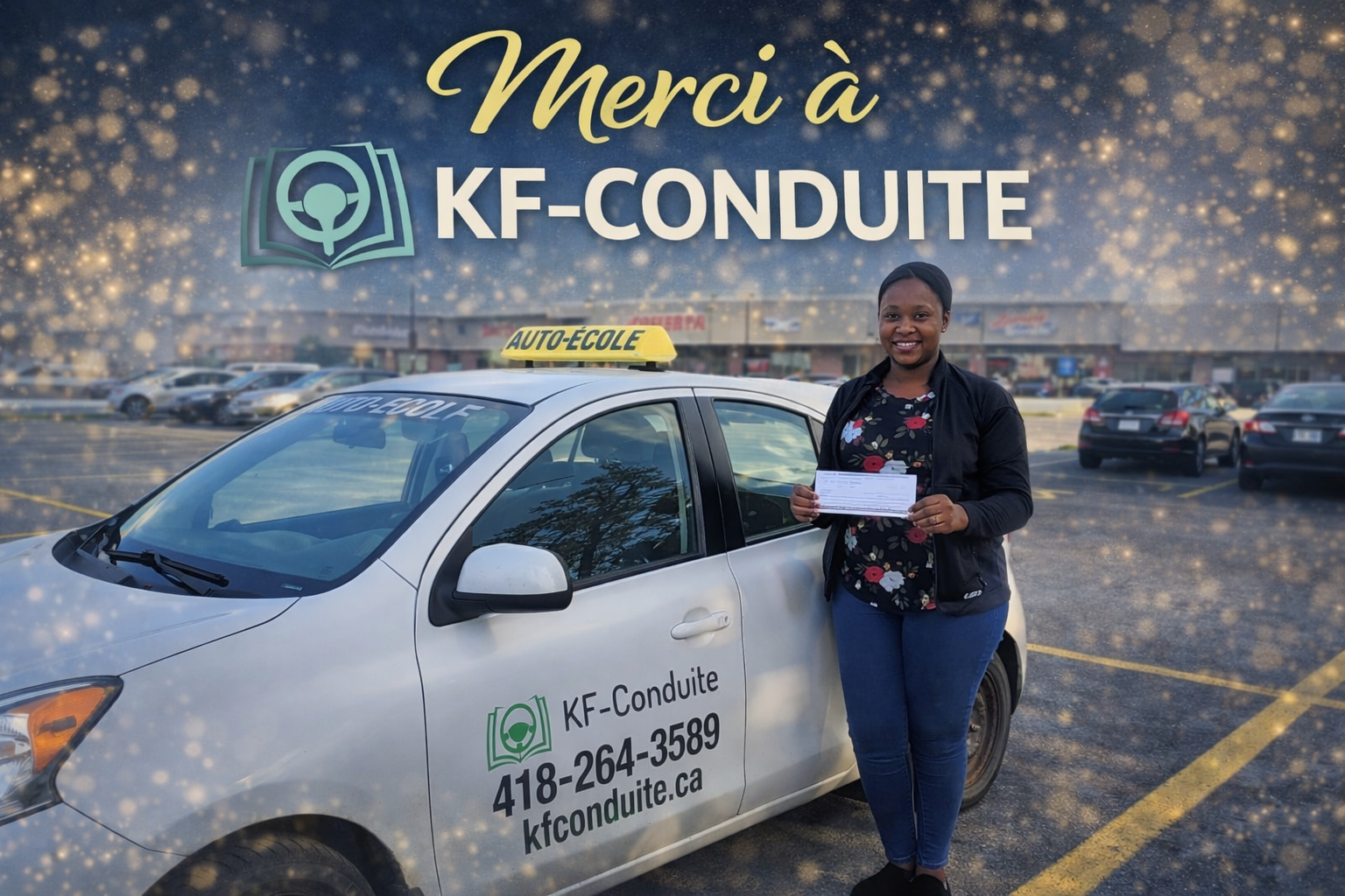 Élève de KF-Conduite affichant son résultat d'examen réussi près du véhicule auto-école