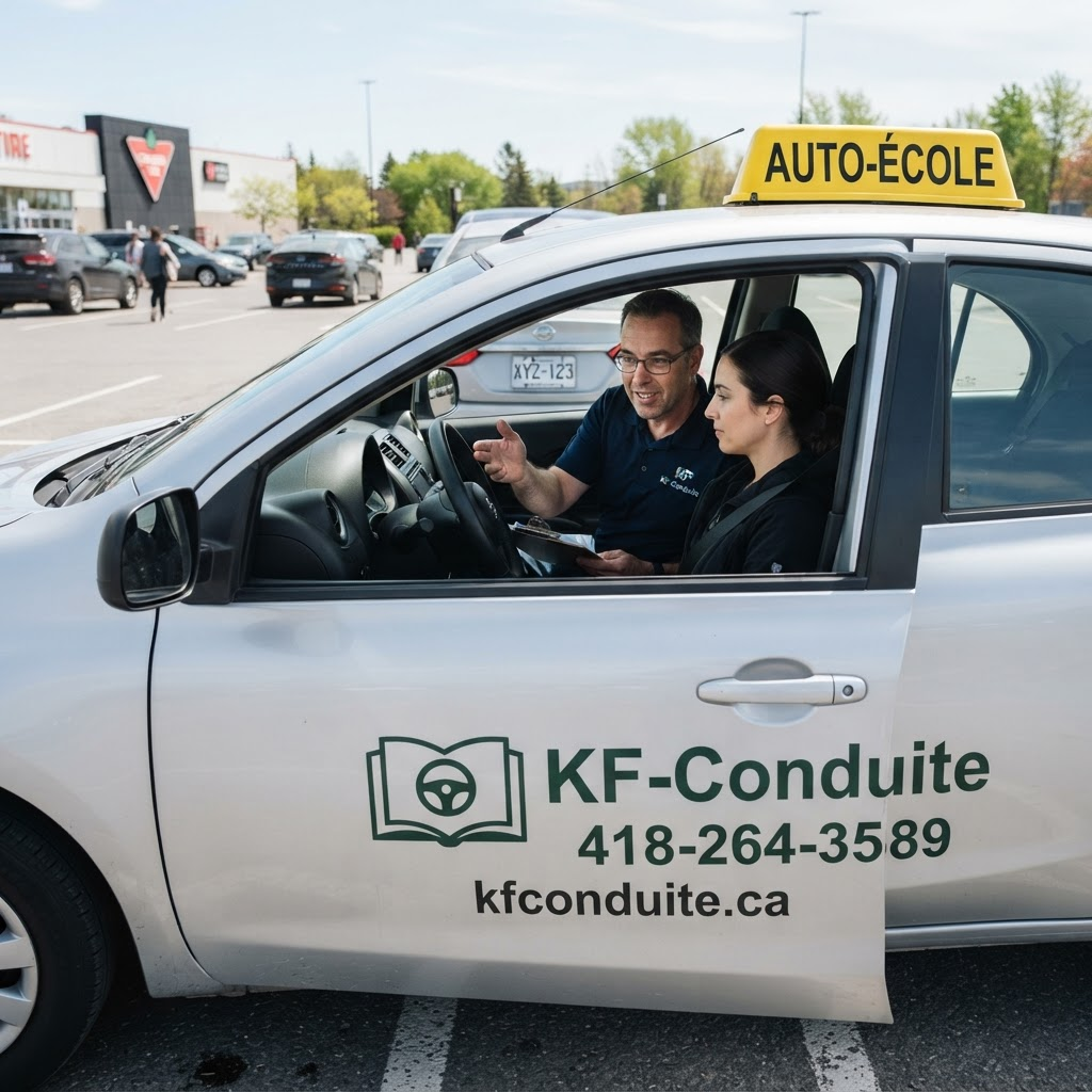 Instructeur certifié KF-Conduite conseillant un élève à bord d'un véhicule auto-école