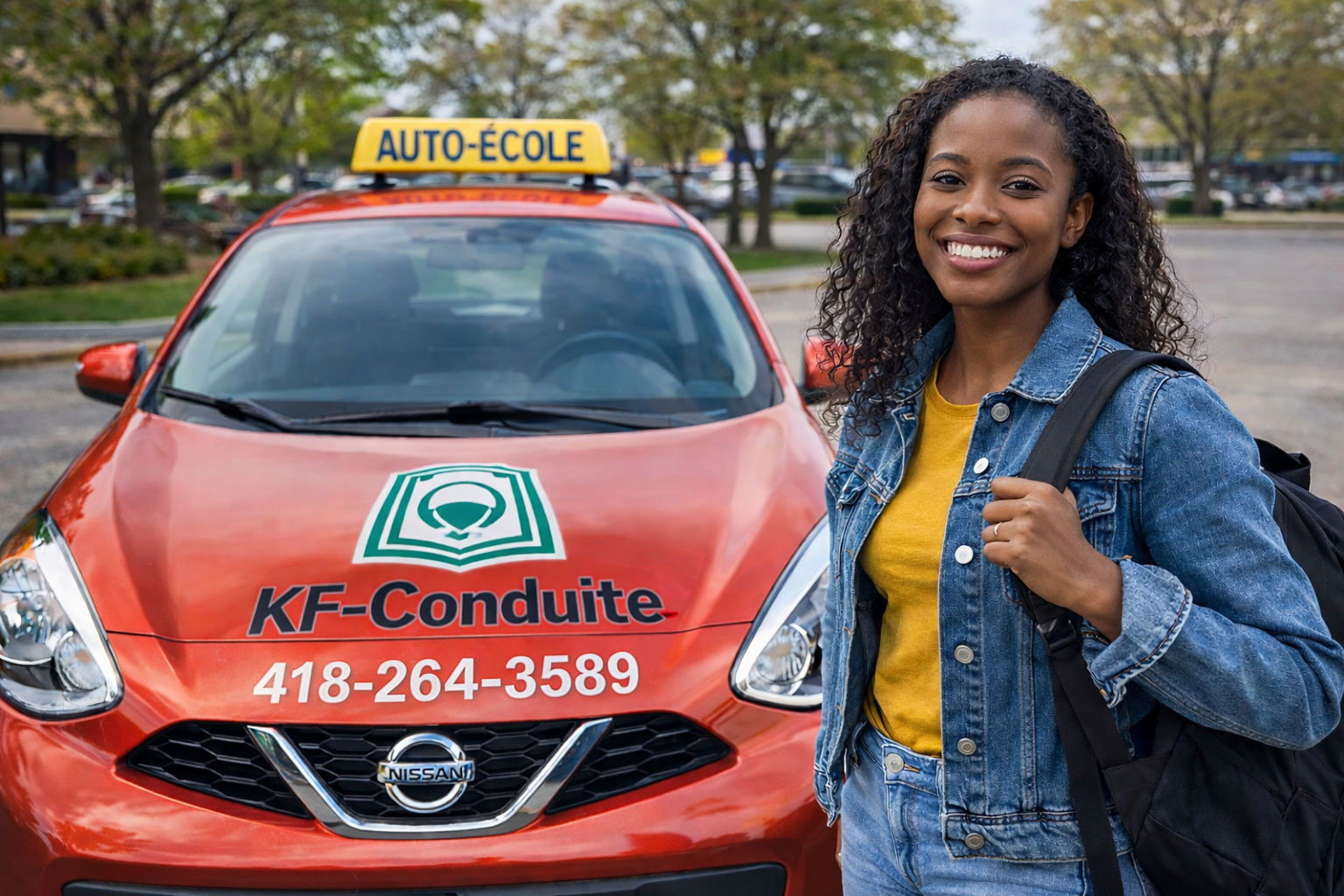 Étudiante souriante de KF-Conduite devant un véhicule auto-école
